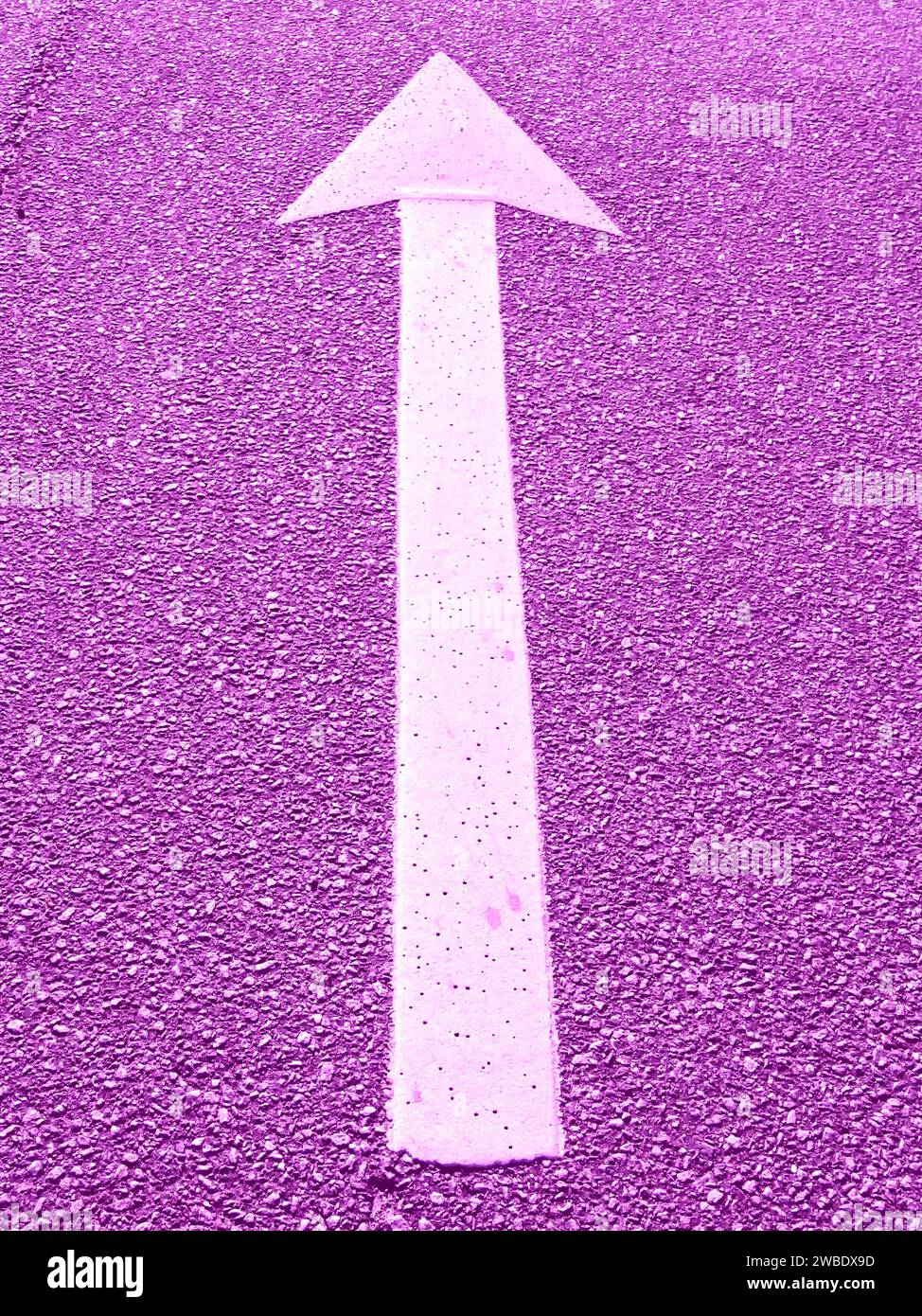 Ein weißer Pfeil auf einer rosafarbenen Oberfläche zeigt den Weg nach vorne Stockfoto