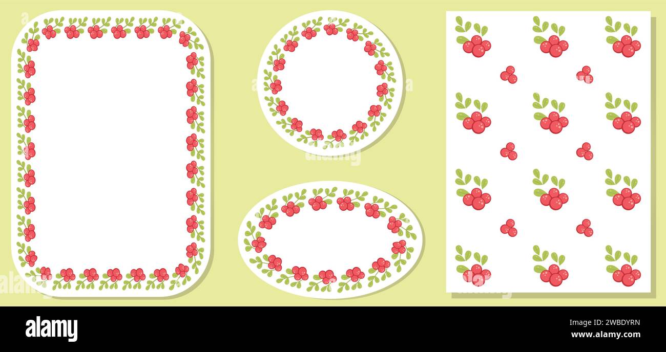 Set aus 3 Dekorationskränzen mit Ästen, Beeren und Blättern und einem nahtlosen Muster. Rahmen, Kreise, Quadrat und Oval. Vektorabbildung. Stock Vektor