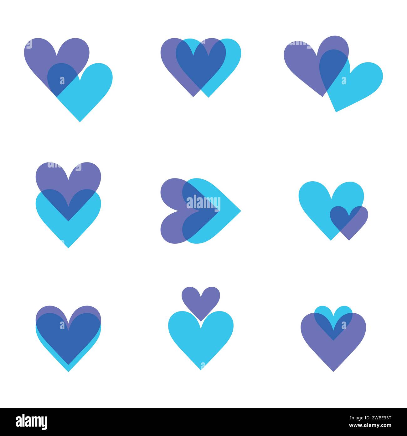 Leuchtend lila und blau farbene Herzsymbole. Herzen verschmolzen. Herz auf Herz. Flacher STYLE. Vektorabbildung Stock Vektor