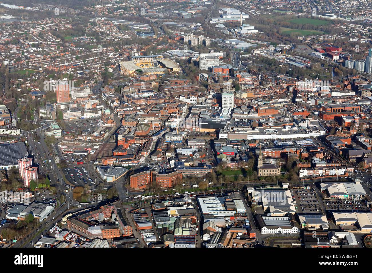 Aus der Vogelperspektive auf das Stadtzentrum von Wolverhampton aus dem Süden im Norden, Großbritannien Stockfoto