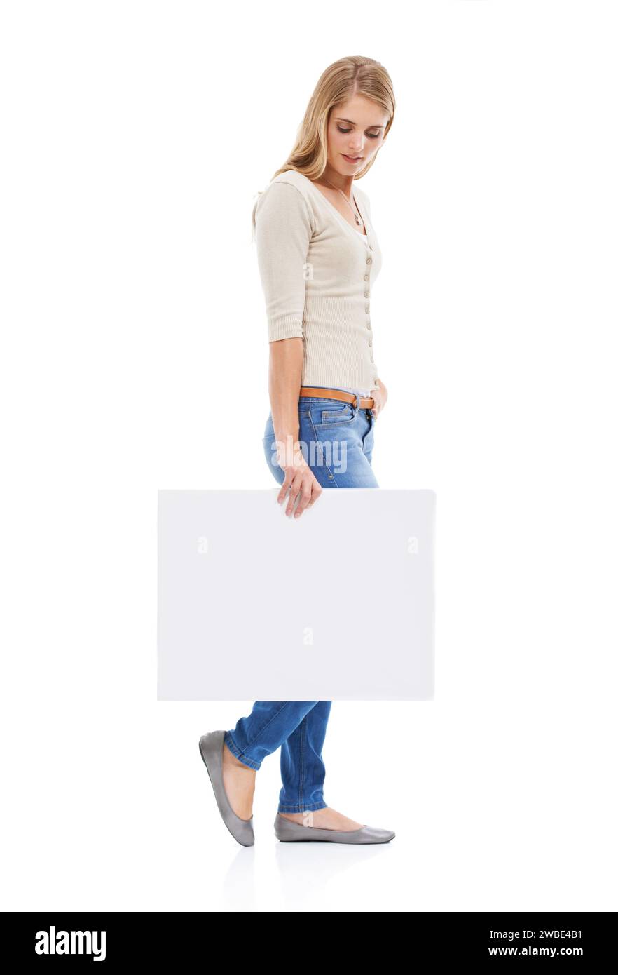 Frauen-, Karten- oder Postermockup mit Werbung, Präsentation oder Ansage mit Informationen auf weißem Hintergrund. Über uns, demnächst oder anmelden Stockfoto