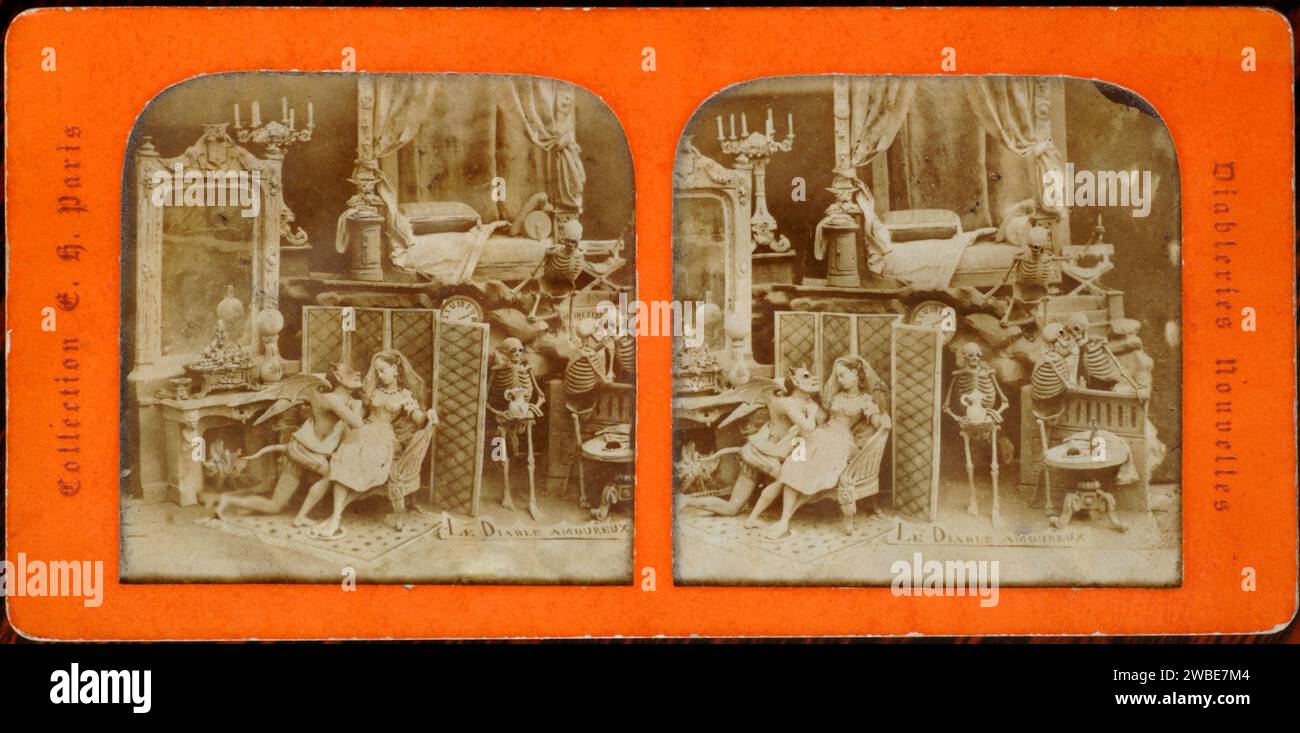 Lovestruck Devil oder Le Diable Amoureux, Vintage Diablerie Stereogramm, Stereoskopisches Bild oder Stereoansicht. C1860. Stockfoto
