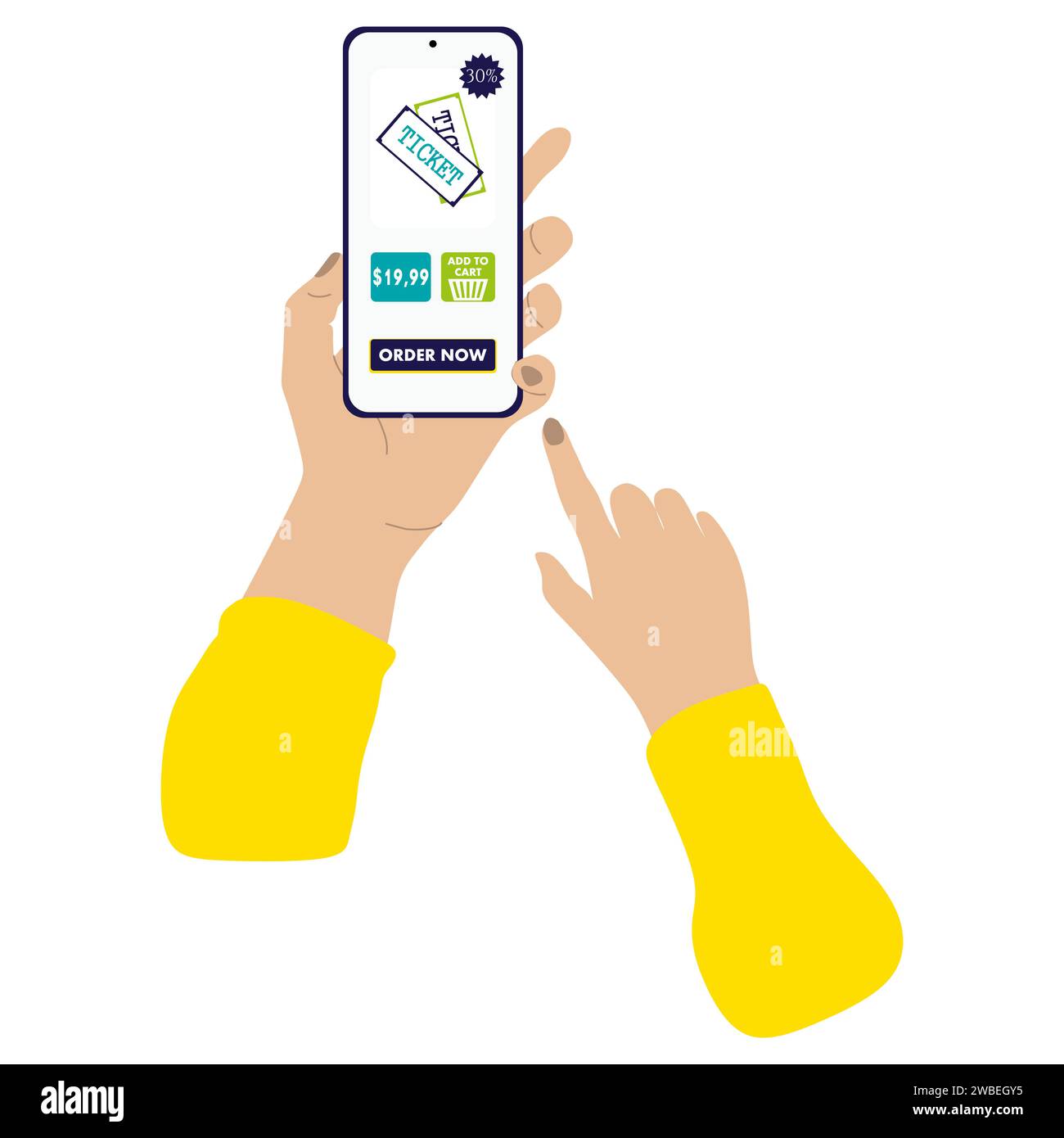 Handgriff beim Kauf von Tickets im Online-Shopping. Website, Geschäft, Bannerdesign Konzept Vektor-Illustration. Smartphone und Internet Techn Stock Vektor
