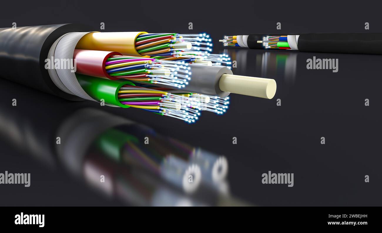 Detail der Glasfaser auf schwarzem Hintergrund. 3D-Hintergrund rendern Stockfoto