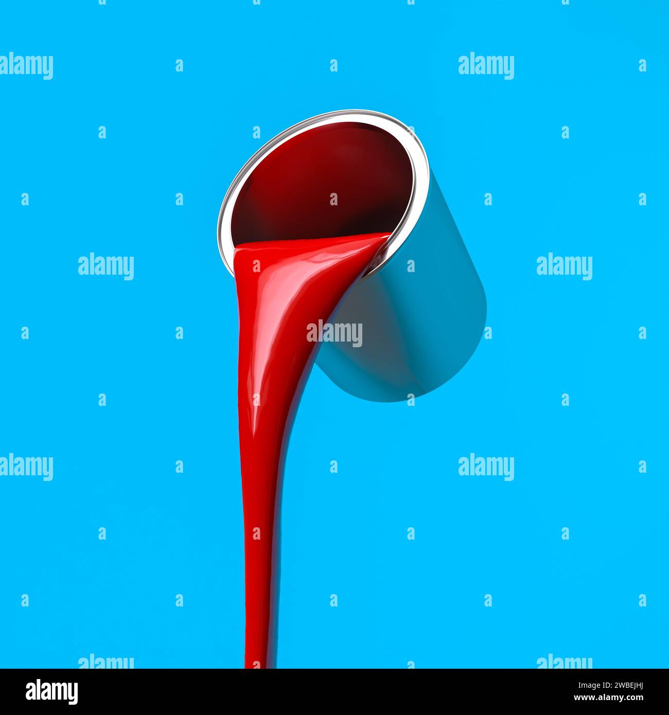 Rote Farbe aus einer Metalldose, blauer Hintergrund. 3D-Rendering Stockfoto