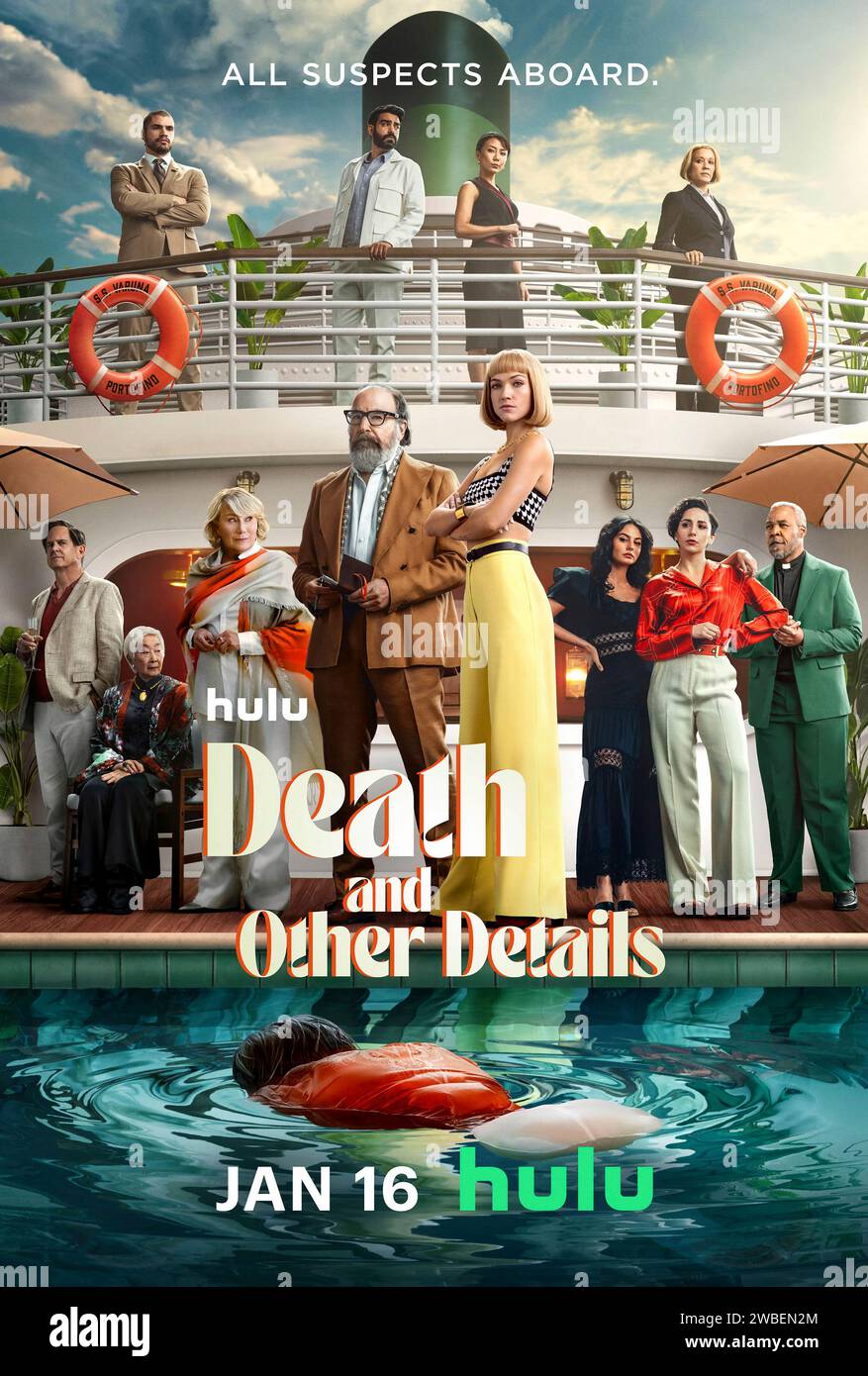 Death and Other Details (2024) von Heidi Cole McAdams und Mike Weiss mit Violett Beane, Lauren Patten und Angela Zhou. Detective Rufus Cotesworth und Protegé Imogene graben die Wahrheit in einem wohlhabenden Segelboot im Mittelmeer, wo jeder etwas versteckt. Nur redaktionelle Verwendung, obligatorische Angabe: Media Associates/Hulu Stockfoto