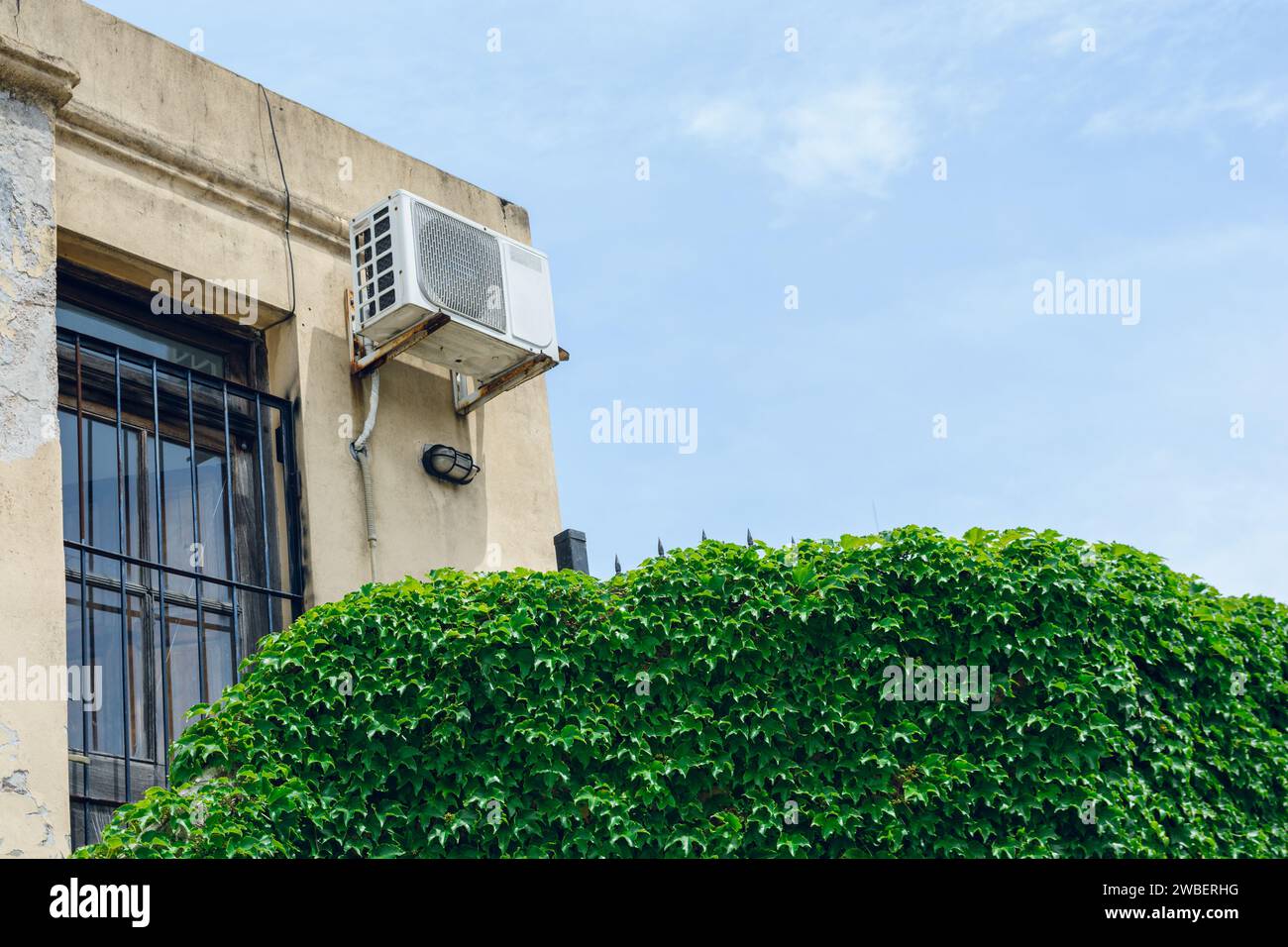 Außenklimaanlage im alten Haus mit verworrener Pflanzenwand im Vordergrund und klarem blauem Himmel im Hintergrund, Konzept der Erhaltung und Klima Stockfoto