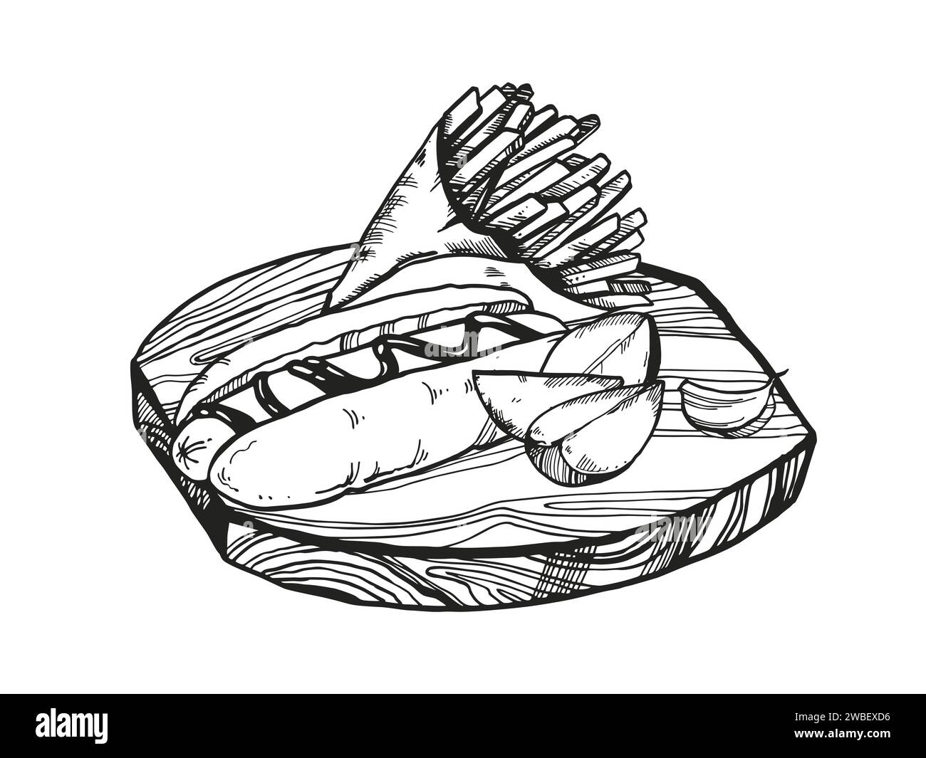 Hand gezeichnete Vektor-Illustration von Fast Food, Tusche Skizze von Hot Dog, geröstete Kartoffeln, Pommes Frites in Handwerkspapier auf Schneidebrett, schwarz und W Stock Vektor