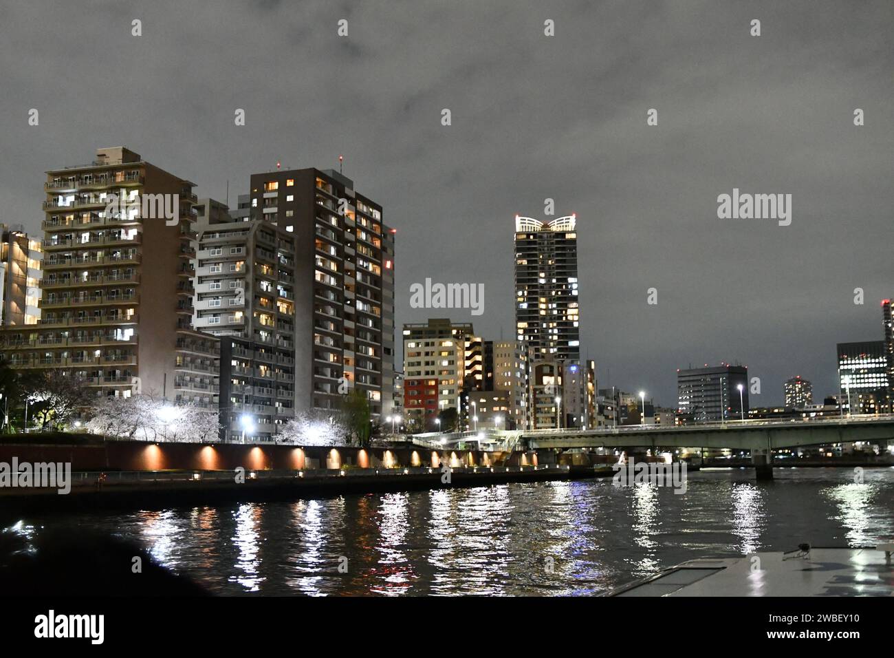 Ein atemberaubender Blick aus der Luft auf eine geschäftige Stadt bei Nacht, mit beleuchteten Gebäuden am Fluss, die eine lebhafte Atmosphäre schaffen Stockfoto