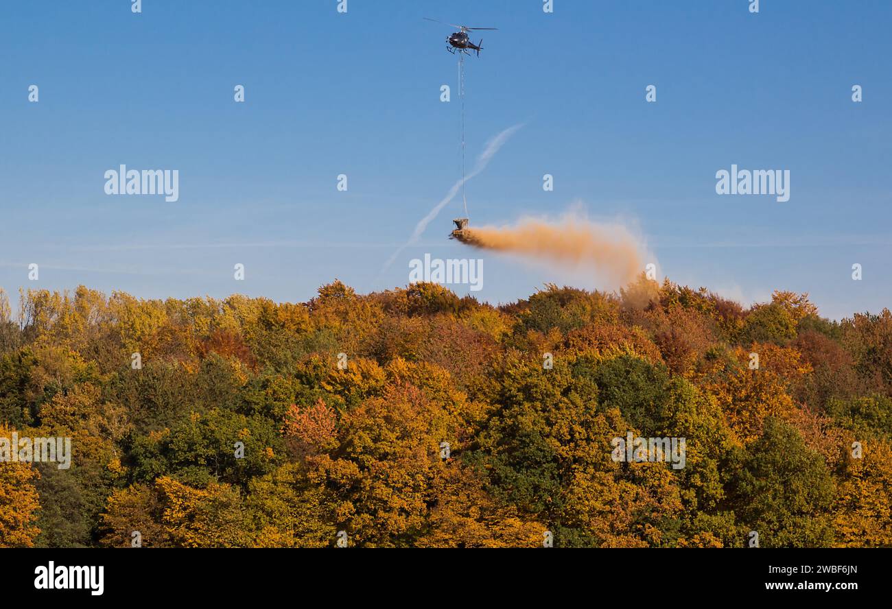 Hubschrauberdüngung über einem Waldgebiet, Osterholz, Wuppertal, Nordrhein-Westfalen, Deutschland Stockfoto