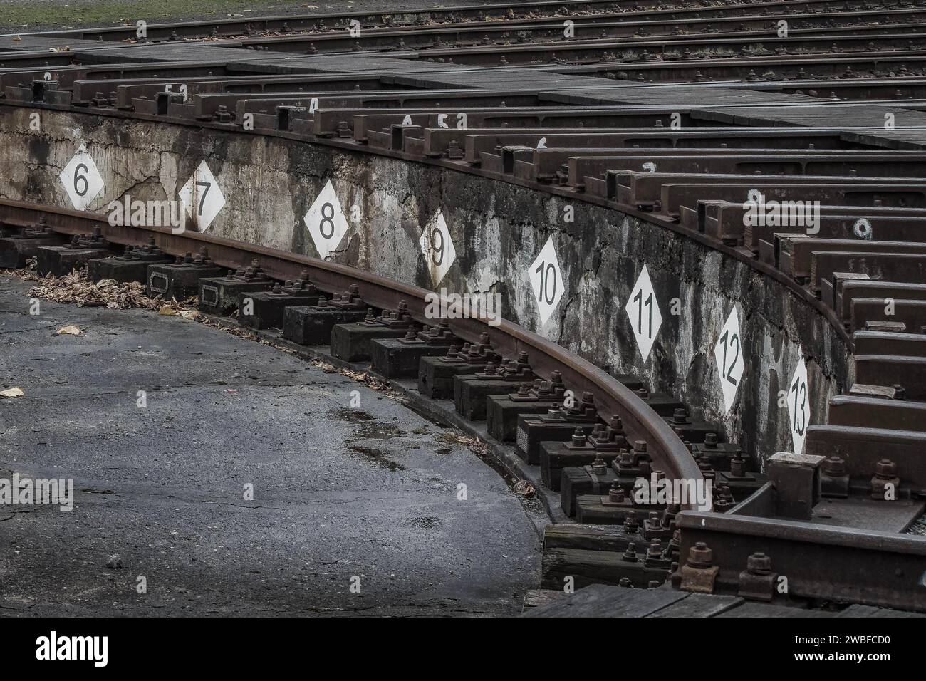 Nummerierte Schilder am Bahnsteigrand eines Eisenbahnmuseums markieren die Gleise, Bahnbetriebswerk Dahlhausen, Lost Place, Dahlhausen, Bochum, Nord Stockfoto