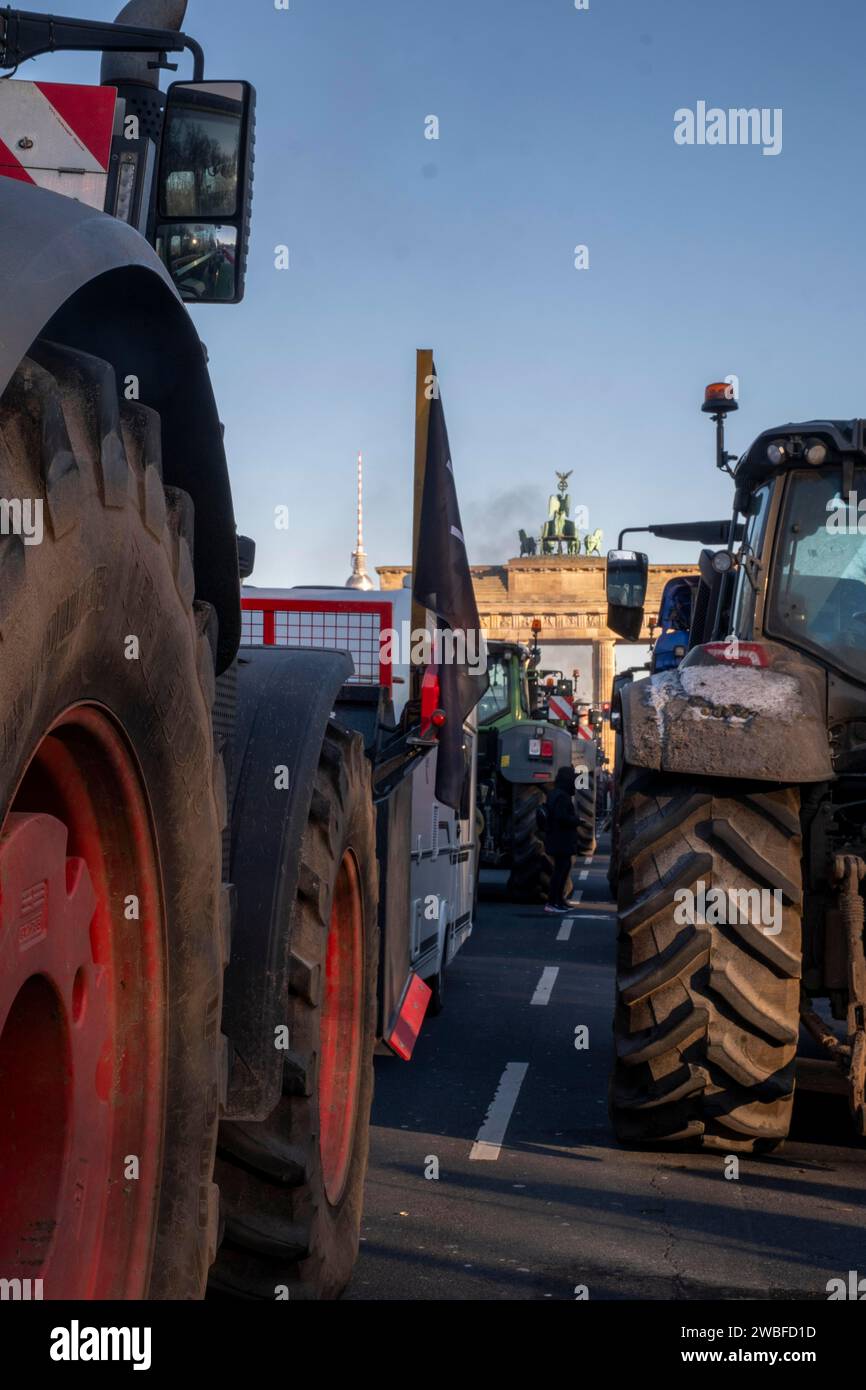 Deutschland, Berlin, 08.01.2024, Protest der Bauern vor dem Brandenburger Tor, bundesweite Protestwoche gegen die Ampelpolitik Stockfoto