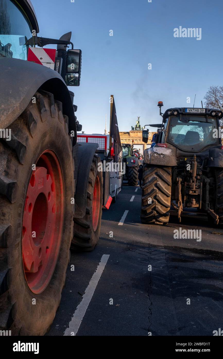 Deutschland, Berlin, 08.01.2024, Protest der Bauern vor dem Brandenburger Tor, bundesweite Protestwoche gegen die Ampelpolitik Stockfoto