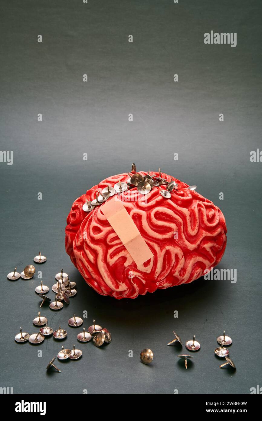 Rotes menschliches Gehirn, umgeben von Daumengriffen und mit einem Pflaster, das psychologische Heilung repräsentiert. Stockfoto