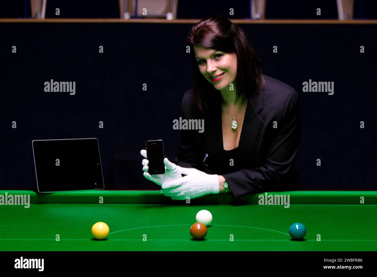 Michaela Tabb, professionelle Snookerin und Poolschiedsrichterin Stockfoto