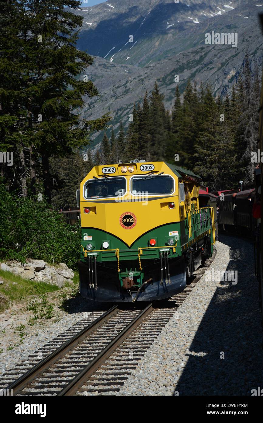 Green and Yellow White Pass Railway, Mountain Train Fahrt Skagway Alaska Stockfoto