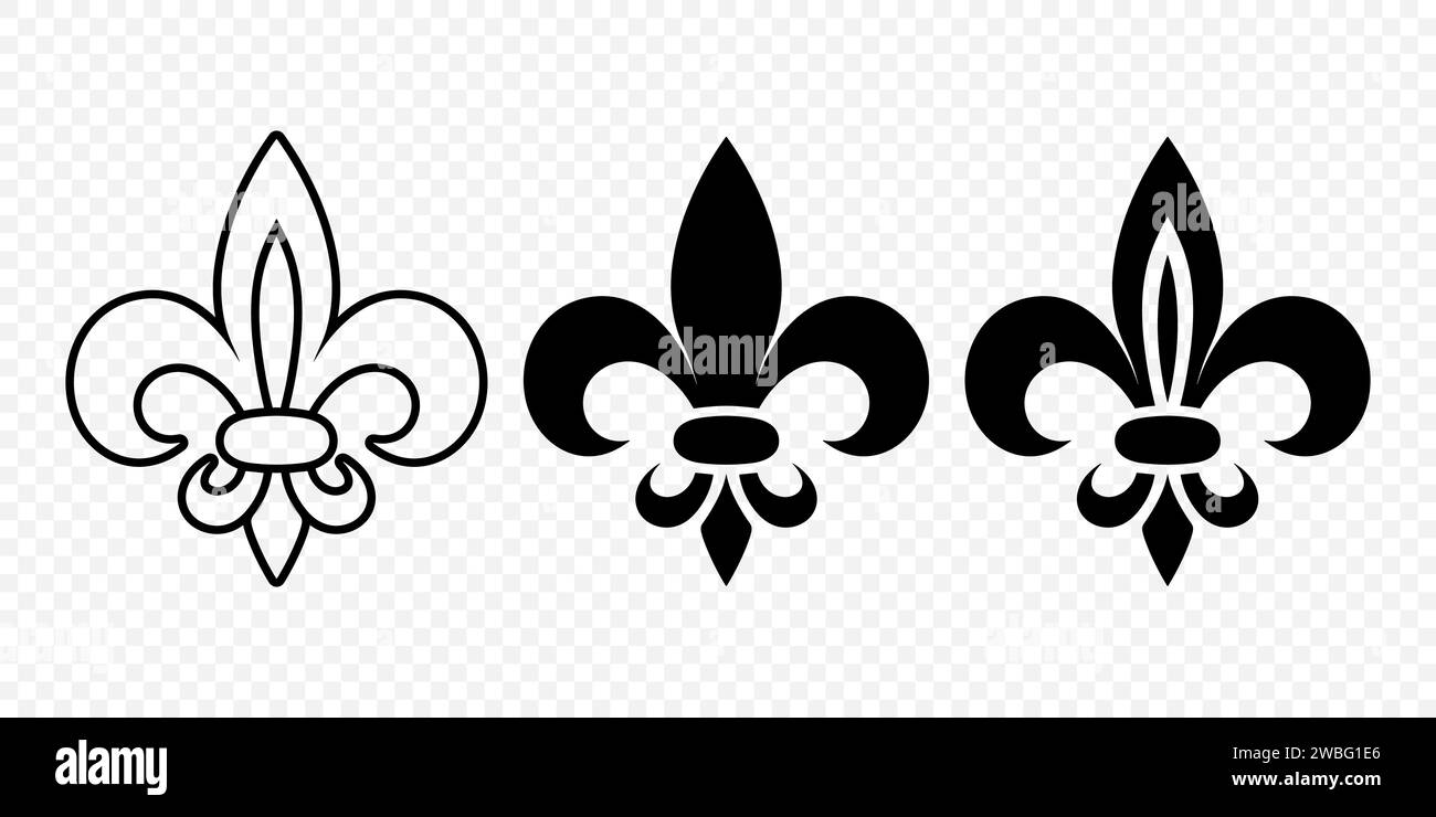Vector Vintage White und Black Fleur De Lis Icon Set isoliert. Heraldic Lily, Retro Design Element. Vektordarstellung Stock Vektor