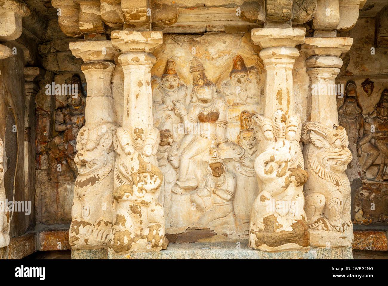 Kailasanathar Tempel antike Idol Statuen Dekoration, Kanchipuram, Tondaimandalam Region, Tamil Nadu, Südindien Stockfoto