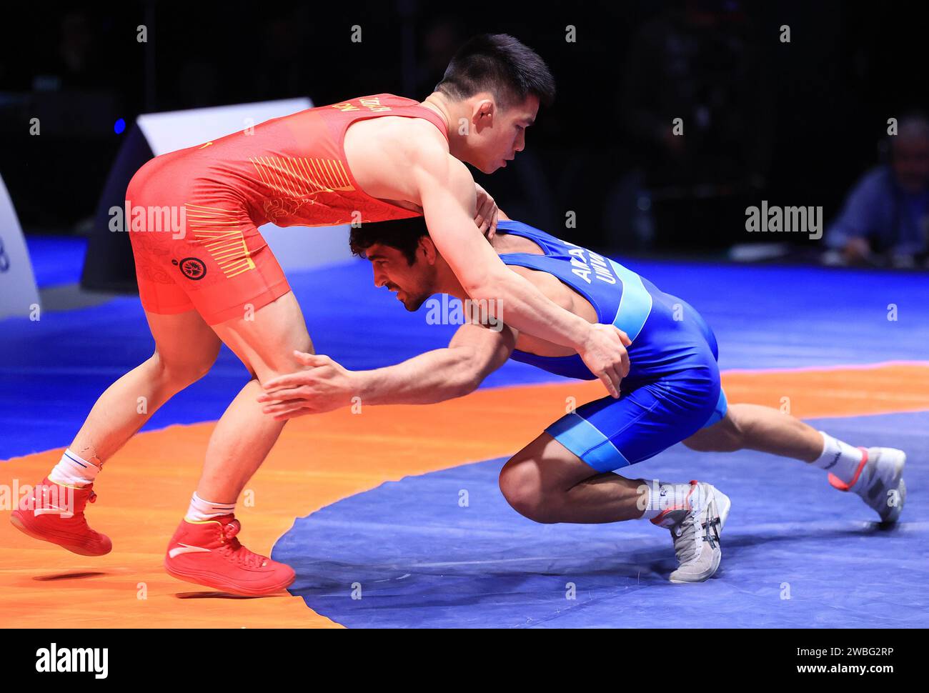 Zagreb, Kroatien. Januar 2024. Internationales Wrestlingturnier - UWW Grand Prix Ranking Series Zagreb Open 2024. 57-Kilogramm-Finale für Herren, Aman AMAN - Wanhao ZOU Foto: Marko Prpic/PIXSELL Credit: Pixsell/Alamy Live News Stockfoto