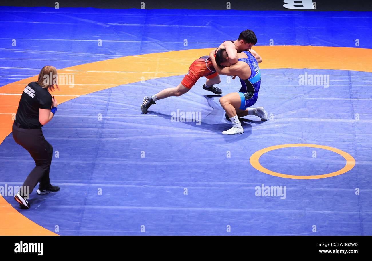 Zagreb, Kroatien. Januar 2024. Internationales Wrestlingturnier - UWW Grand Prix Ranking Series Zagreb Open 2024. 61 Kilogramm Finale für Herren, Andrii Dzhelep - Bekhbayar Erdenebat Foto: Marko Prpic/PIXSELL Credit: Pixsell/Alamy Live News Stockfoto