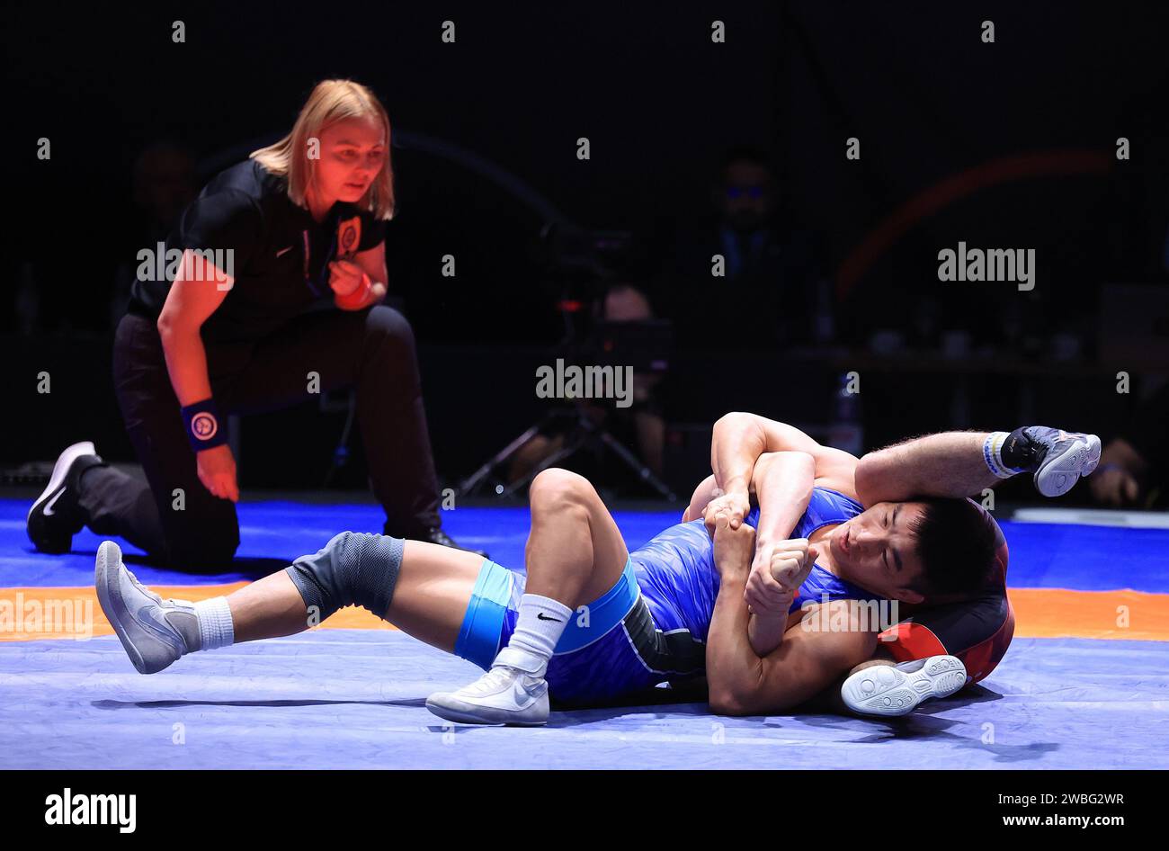 Zagreb, Kroatien. Januar 2024. Internationales Wrestlingturnier - UWW Grand Prix Ranking Series Zagreb Open 2024. 61 Kilogramm Finale für Herren, Andrii Dzhelep - Bekhbayar Erdenebat Foto: Marko Prpic/PIXSELL Credit: Pixsell/Alamy Live News Stockfoto