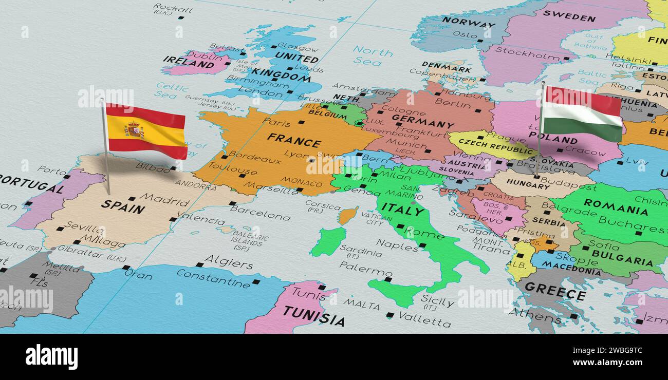 Spanien und Ungarn – Markierungen auf politischer Karte anbringen – 3D-Illustration Stockfoto