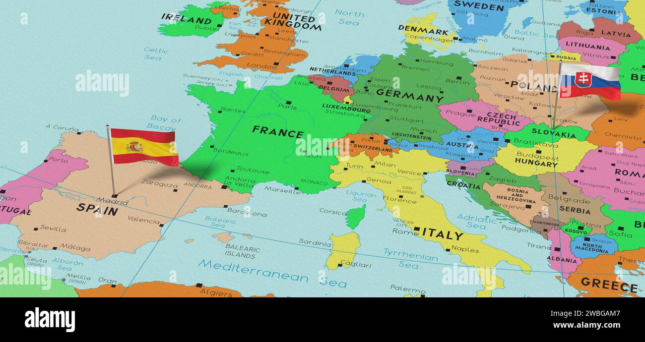 Spanien und Slowakei – Markierungen auf politischer Karte anbringen – 3D-Illustration Stockfoto