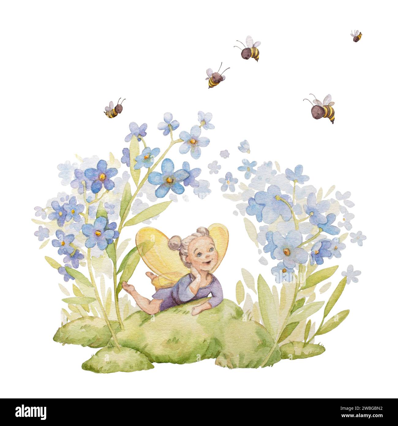 Vergiss Mich Nicht Blume Fee Aquarell Illustration. Niedliches Gartenmärchen Clipart. Forget Me Not Watercolor Kids Print. Kinderzimmer Mit Feenmotiv Stockfoto