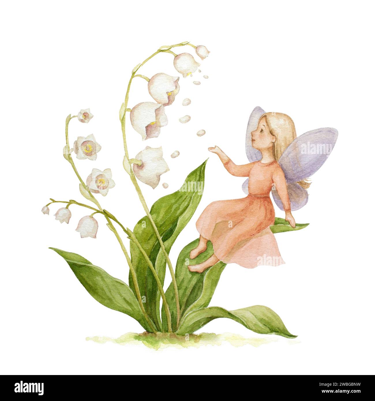 Lily of the Valley Fairy Illustration. Gartenmagische Märchen Clipart. Lily of the Valley – Aquarellmuster für Kinder. Niedliche Illustrationen Für Kinder Stockfoto