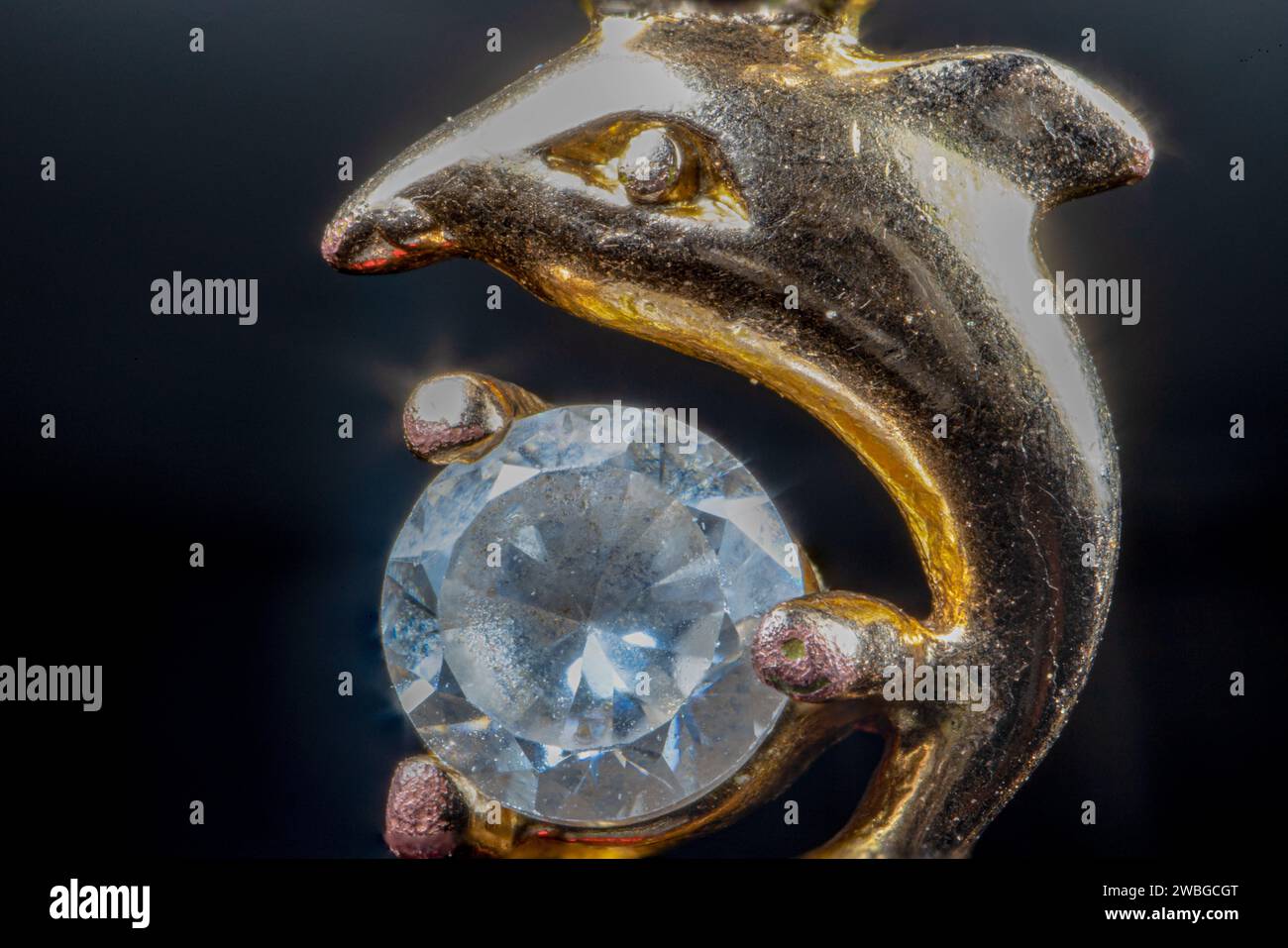 Schmuckstück in Gold, das einen Delfin mit einem glänzenden Stein auf schwarzem Hintergrund darstellt. Stockfoto