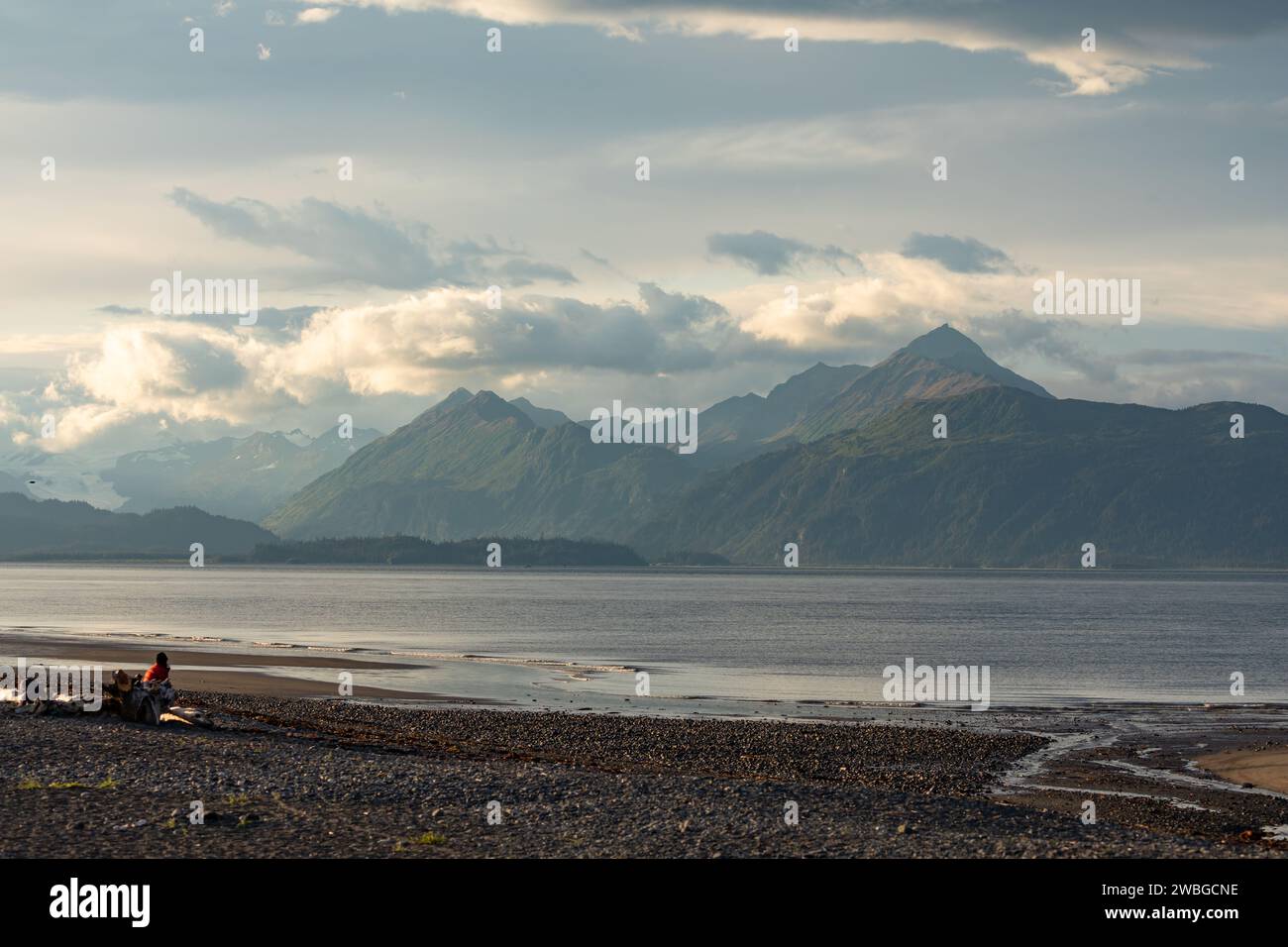 Der Wanderer ruht auf einem Baumstamm und genießt den Blick auf die Berge und Gletscher von Cook Inlet Stockfoto