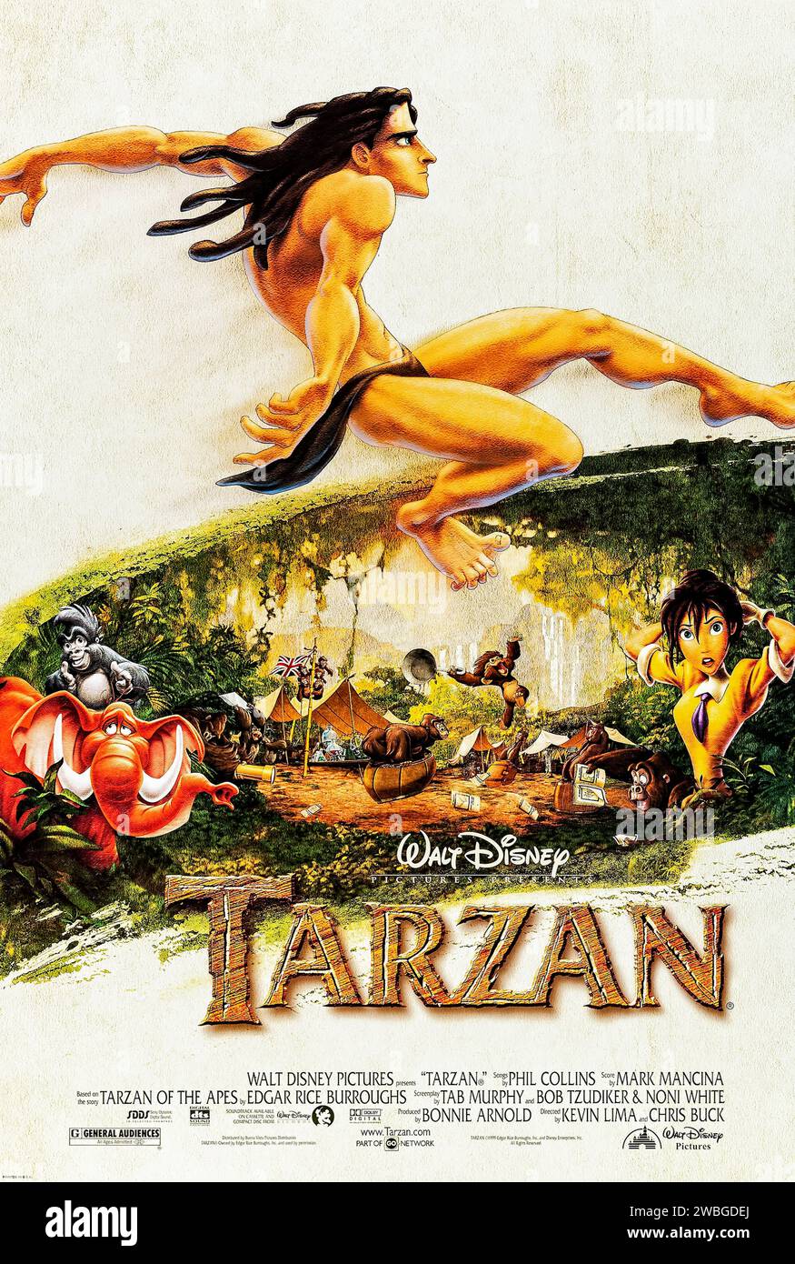 Tarzan (1999) unter der Regie von Chris Buck und Kevin Lima mit Tony Goldwyn, Minnie Driver und Brian Blessed. Ein von Gorillas aufgewachsener Mann muss entscheiden, wohin er wirklich gehört, wenn er entdeckt, dass er ein Mensch ist. Stockfoto