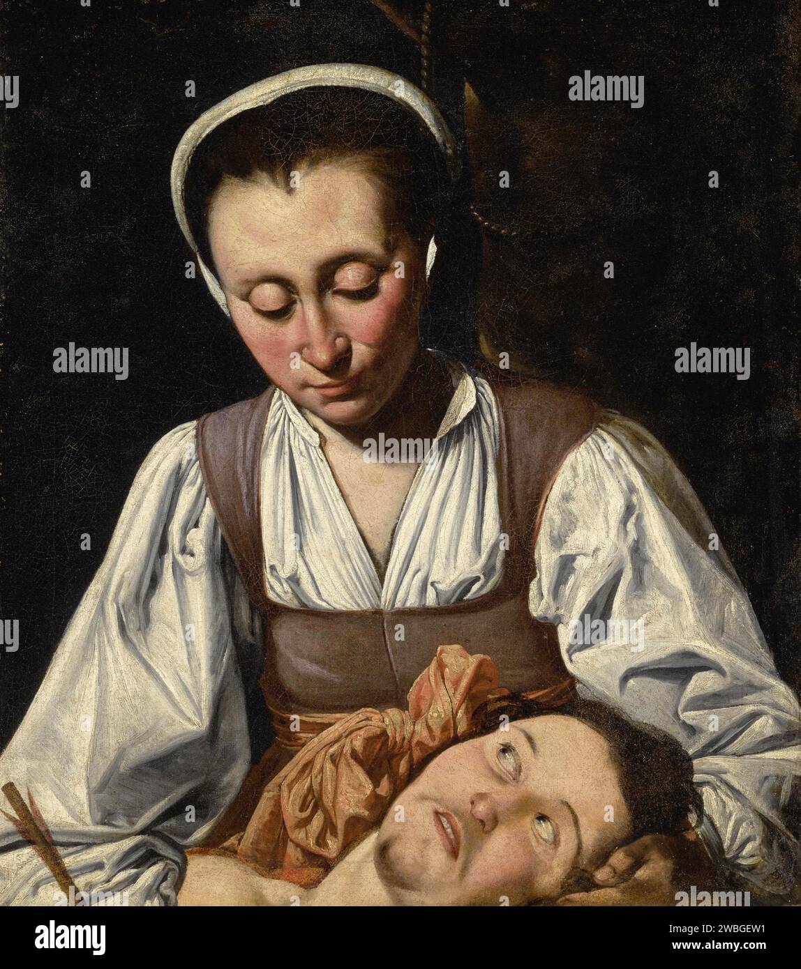Der heilige Sebastian pflegte eine Heilige Irene, die von La Tarte gemalt wurde. Sebastian war Mitglied der römischen Prätorianergarde, die zum Christentum konvertierte. Er wurde mit Pfeilen durchgeschossen, starb aber nicht an diesen Wunden. Er wurde von Irene (später Saint Irene) betreut. Nach seiner Genesung ging er, um mit Kaiser Diokletian über seinen Glauben zu sprechen und wurde zu Tode geschlagen. Stockfoto