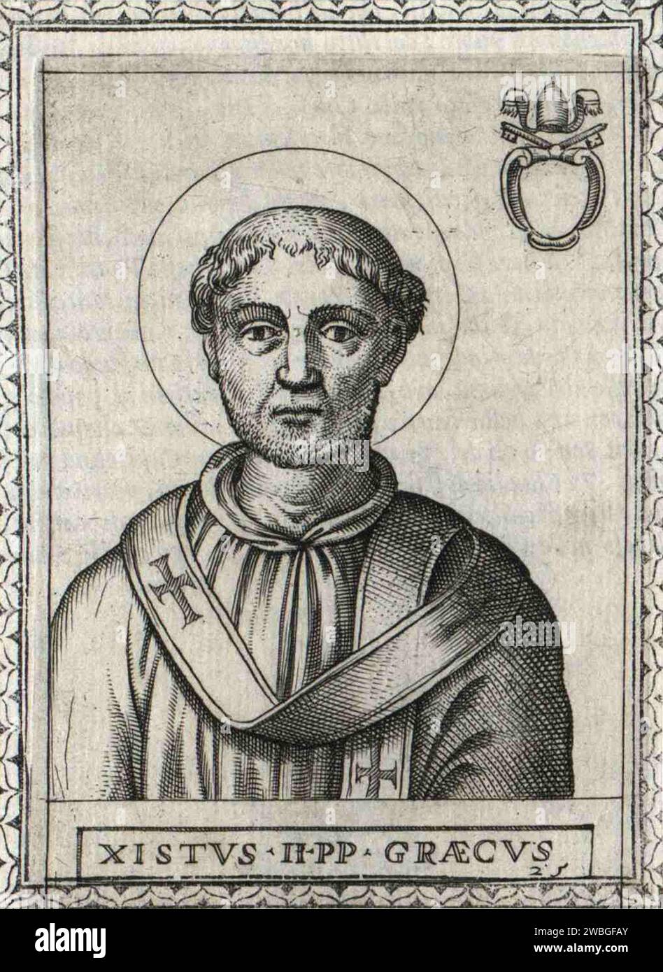 Ein Kupferstich von Papst Sixtus II. Aus dem 17. Jahrhundert, der von 257 bis 258 päpstlich war. Er war der 24. Papst und ist auch als Papst Xystus II. Bekannt Er wurde nach nur 340 Tagen im Oval enthauptet, als Kaiser Valerian eine Reihe von Christenverfolgungen einleitete. Stockfoto