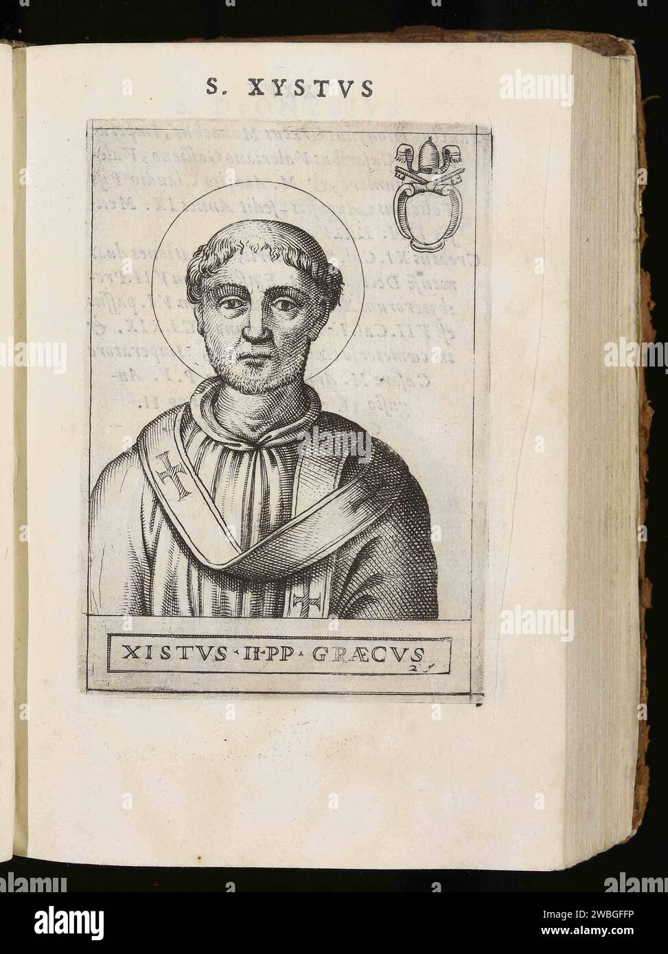 Ein Kupferstich von Papst Sixtus II. Aus dem Jahr 1580, der von 257 bis 258 päpstlich war. Er war der 24. Papst und ist auch als Papst Xystus II. Bekannt Er wurde nach nur 340 Tagen im Oval enthauptet, als Kaiser Valerian eine Reihe von Christenverfolgungen einleitete. Stockfoto