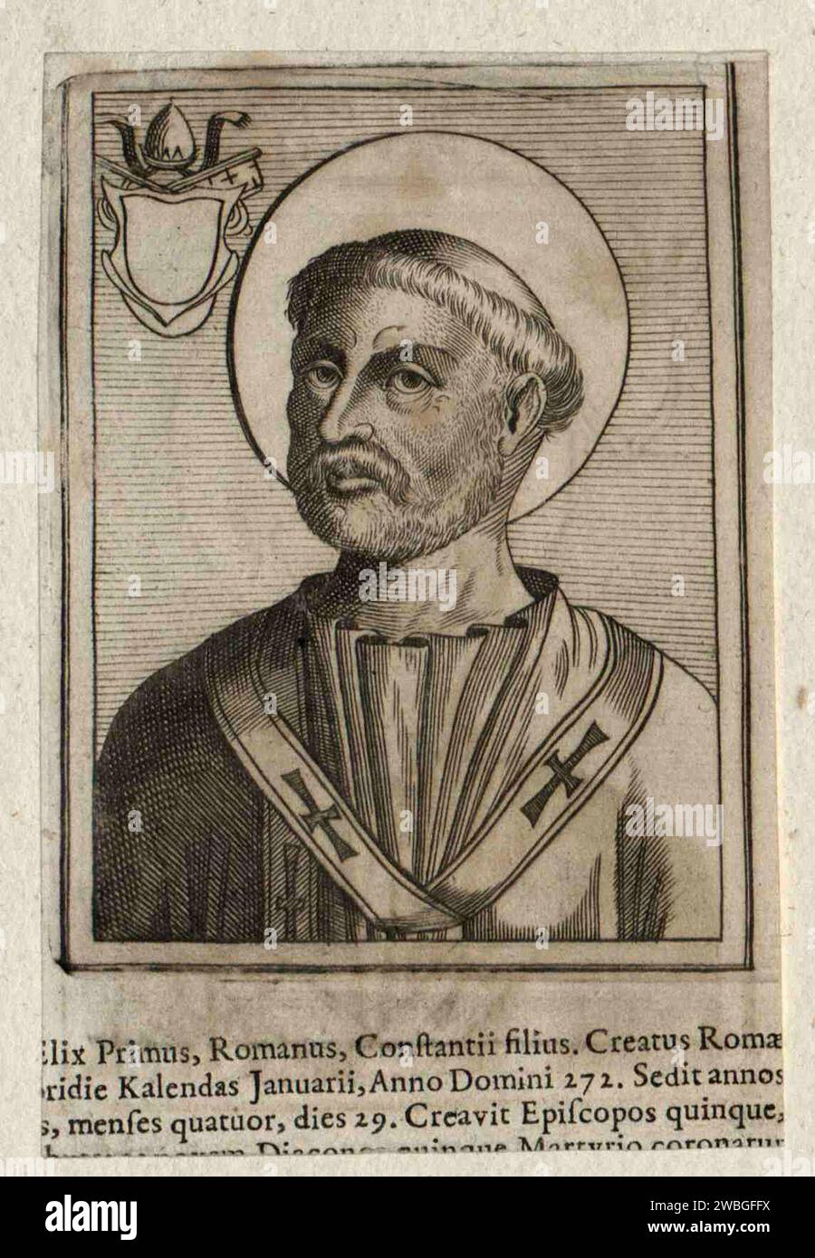 Ein Kupferstich von Papst Felix I. aus dem 17. Jahrhundert, der Pontiff von A268-A274 war. Er war der 26. Papst. Stockfoto