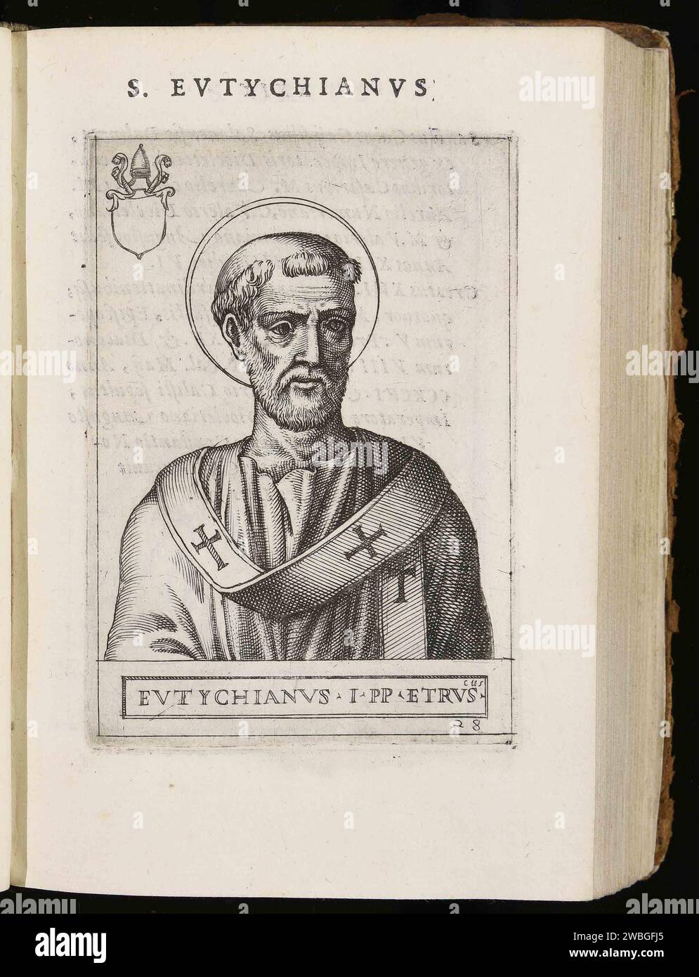 Ein Kupferstich von Papst Eutychian aus dem Jahr 1580, der Pontiff von A274-A283 war. Er war der 27. Papst. Stockfoto