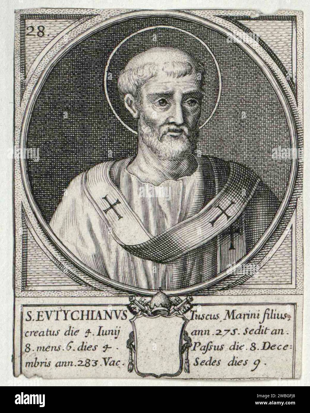 Ein Kupferstich des Papstes Eutychian aus dem 17. Jahrhundert, der Pontiff von 274 bis 283 war. Er war der 27. Papst. Stockfoto