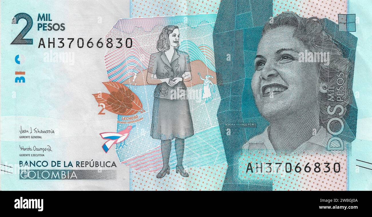 Kolumbianische Banknote zweitausend kolumbianische Pesos Bank der republik Kolumbien. Debora Arango Perez Stockfoto