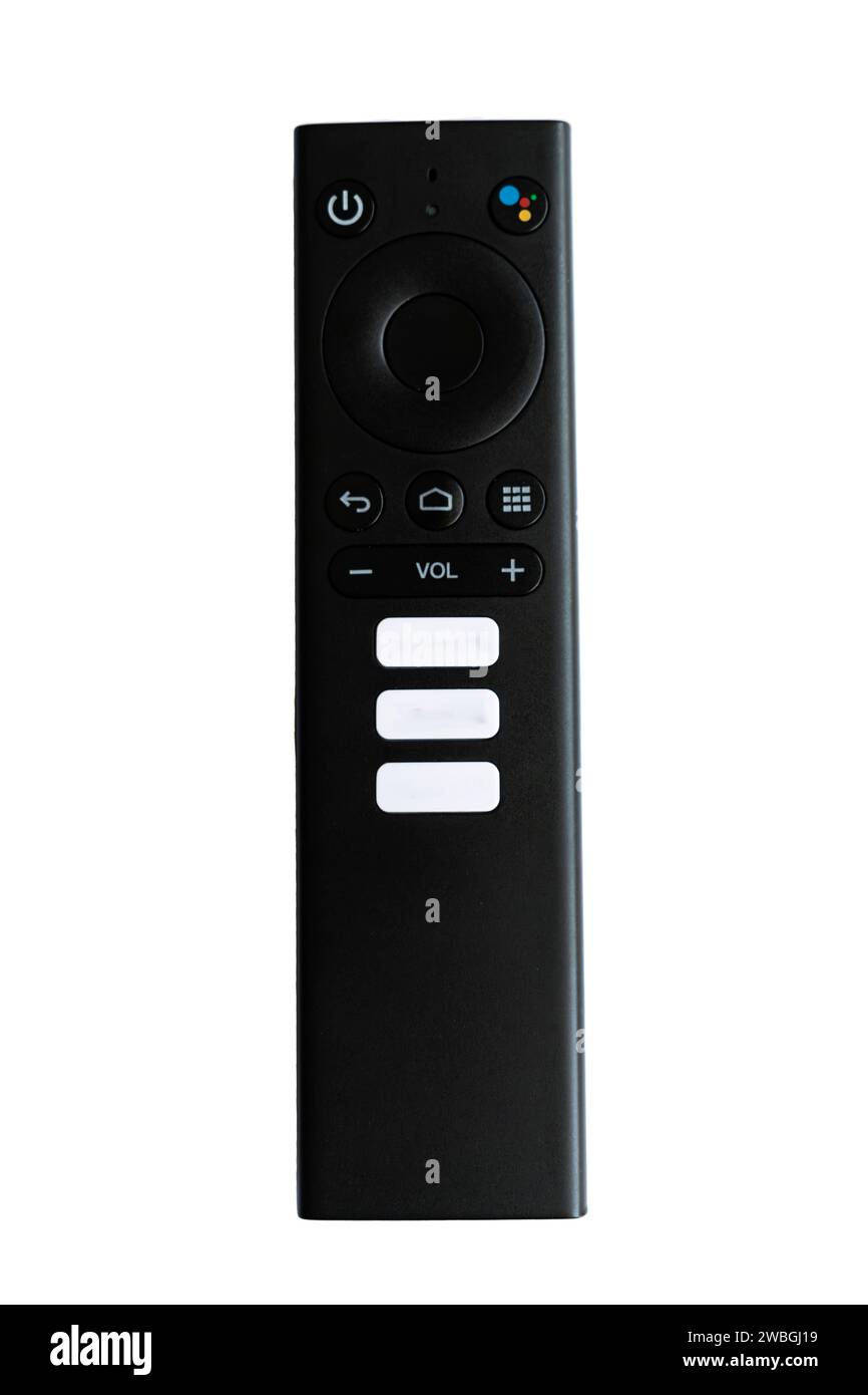 Smart TV-Fernbedienung mit dedizierten Tasten für Streaming-Anwendungen. Es verfügt über eine spezielle Schaltfläche für google Assistant. Weißer Hintergrund Stockfoto