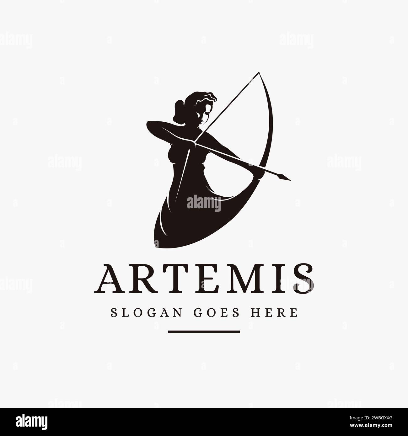 ARTEMIS Goddess Logo Symbol Illustration Vektor auf weißem Hintergrund, Bogenlogo Stock Vektor