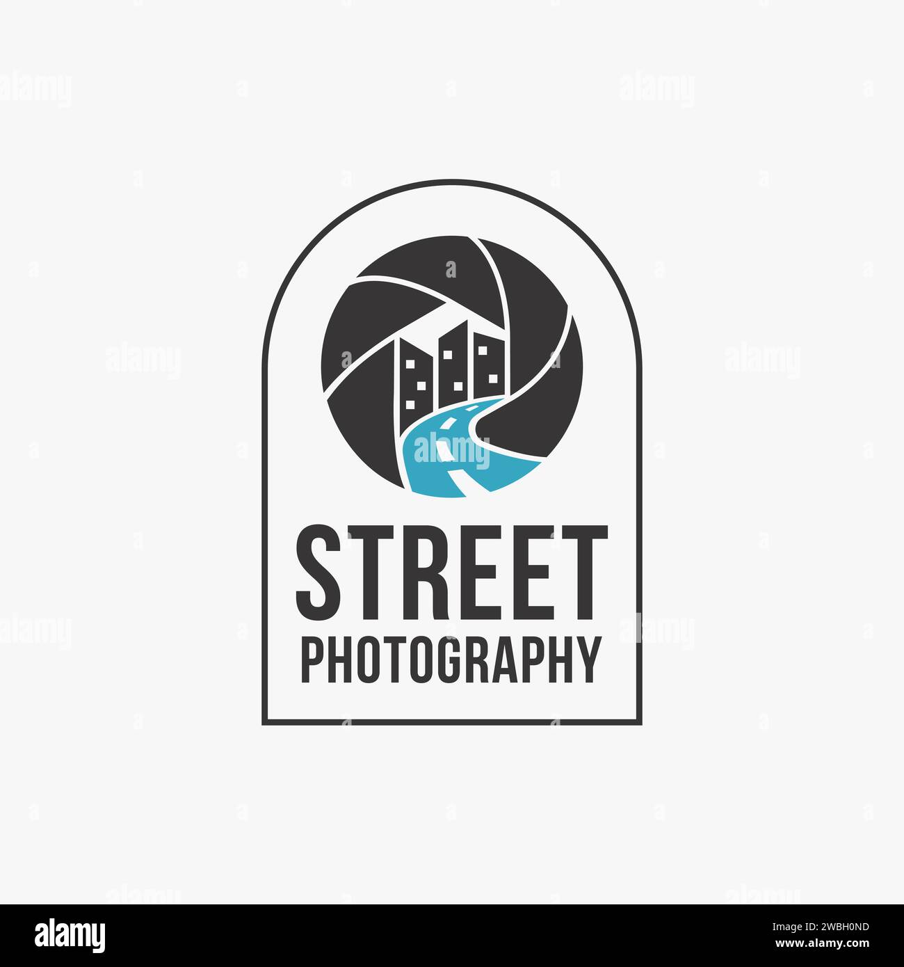 Straßenfotografie Logo-Symbol-Vektorvorlage auf weißem Hintergrund, Kameraverschluss und Straße von Stadtbild-Logo Stock Vektor
