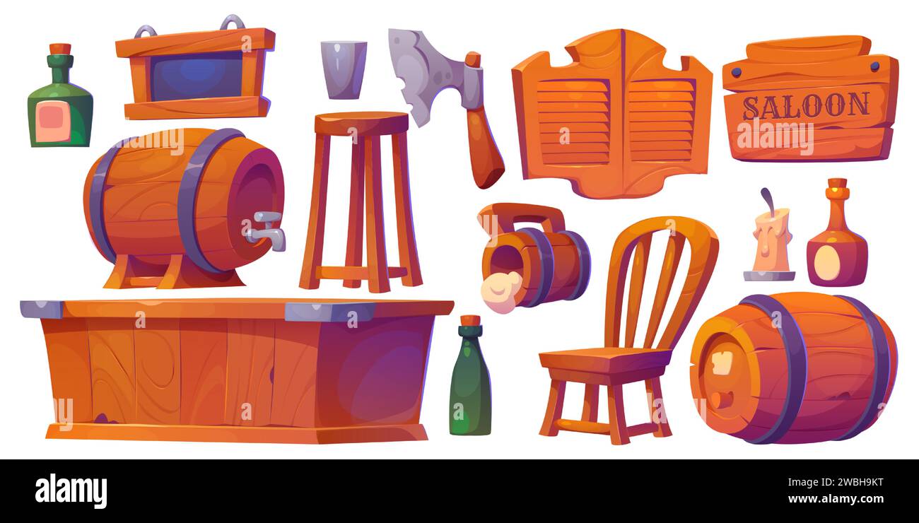 Westliche Tavernen und Salons Innenelemente. Cartoon-Set mit alten West Cowboy Pub-Möbeln und so - hölzerne Eingangstür und Bartheke, Stuhl und Hocker, Glasflaschen und Holzfässer mit Bier. Stock Vektor