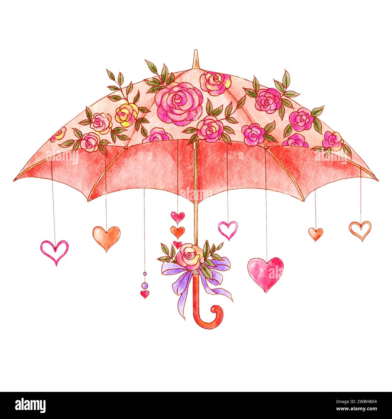 Sonnenschirm mit Rose und Herz dekoriert. Aquarellmalerei. Valentinstag-Konzept. Isolierter weißer Hintergrund. Abbildung . Stockfoto