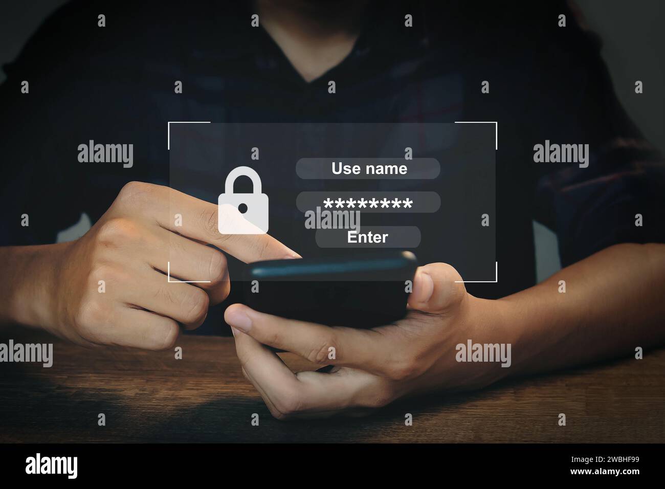 Das System authentifiziert Benutzer mit Namen und Kennwort. Cyber Security Concept Sicherheitstechnologie schützt personenbezogene Daten Stockfoto