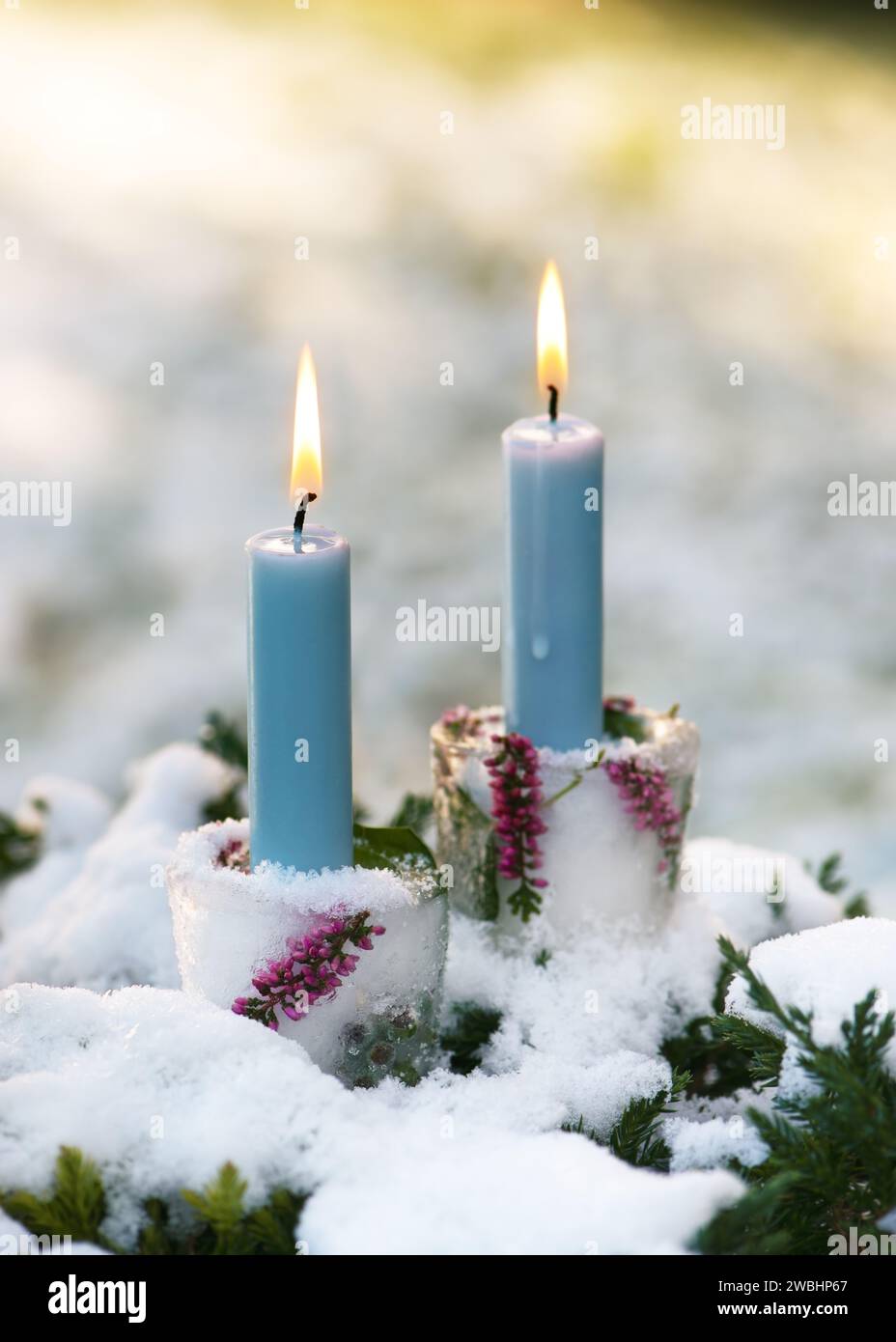 Wunderschöne Weihnachtskerzenständer aus Eis, rosa calluna Blütenzweige mit brennenden blauen Kerzen im schneebedeckten Garen. Winter Outdoor Hand Stockfoto
