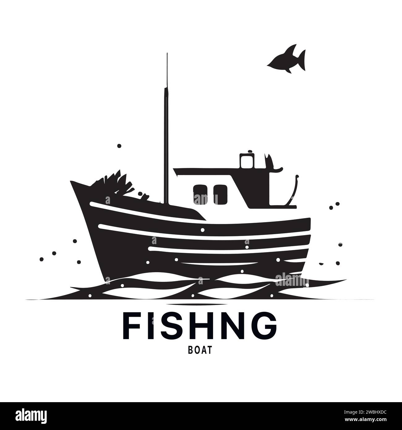 Logo des Fischereifahrzeugs für den Vektor des Logos des Seetransports und des Kutschschiffes. Vektordarstellung Stock Vektor