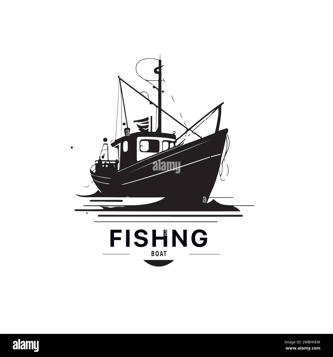 Logo des Fischereifahrzeugs für den Vektor des Logos des Seetransports und des Kutschschiffes. Vektordarstellung Stock Vektor