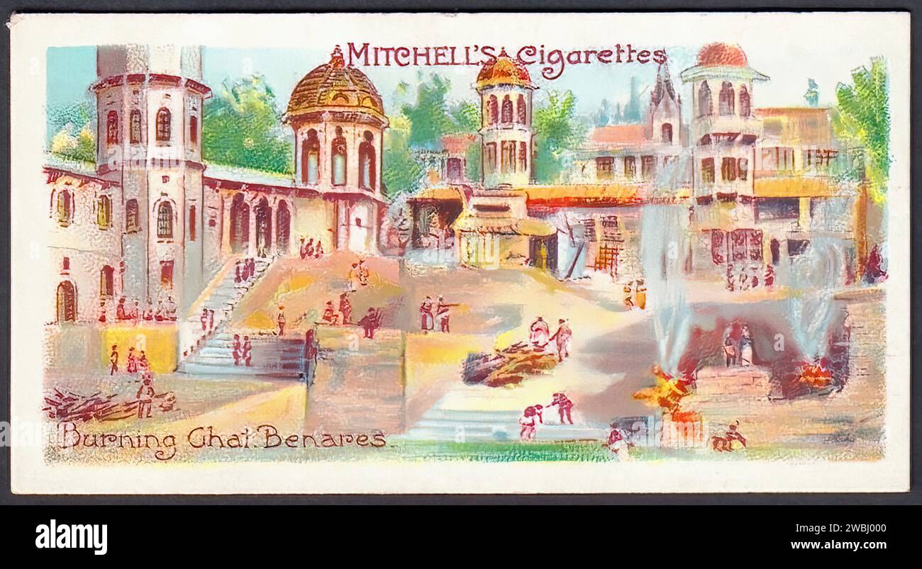 Brennender Ghat, Benares (Varanasi) - Vintage Zigarettenkarte Illustration Stockfoto
