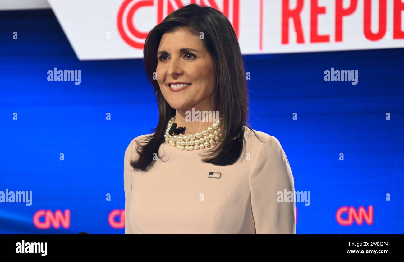 Des Moines, Usa. Januar 2024. Nikki Haley nimmt an der CNN-Debatte über die Präsidentschaftswahl an der Drake University Teil, bevor es zu Iowa kam. CNN Republican Presidential Primary debattiert mit Nikki Haley und Ron DeSantis an der Drake University in des Moines. (Foto: Kyle Mazza/SOPA Images/SIPA USA) Credit: SIPA USA/Alamy Live News Stockfoto